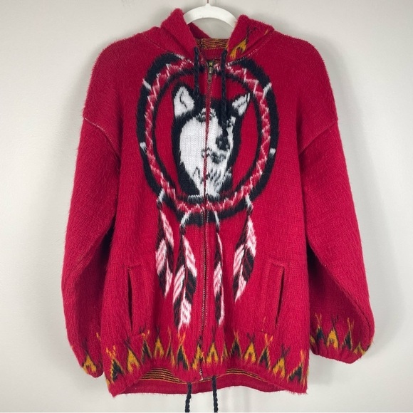 Ruminahui Wool Full Zip Sweater Mens Dream Catcher Long Sleeve Wolf Jacket Red - Picture 10 of 10